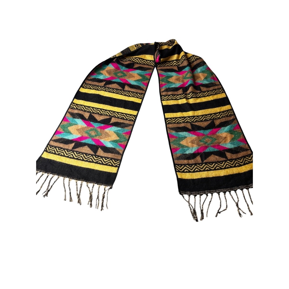 El Paso Saddleblanket Co Southwestern Geometric Fringe Scarf Black Yellow Pink